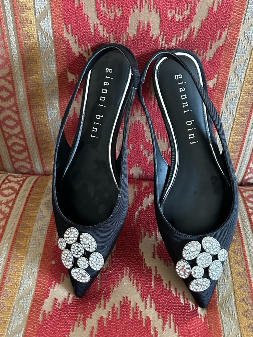 Gianni Bini Black Slingback Pointed Toe Heels with Crystal Clusters